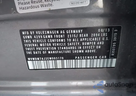 2014 Volkswagen Golf 2.0L Tdi из США, поврежденный, VIN WVWDM7AJ2EW003170